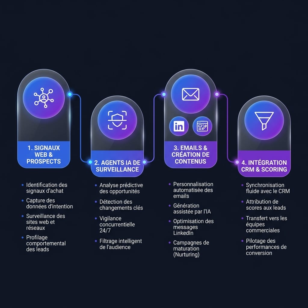 Schéma du système d'acquisition prospects et création de contenus via l'IA et automatisations B2B en français, Nova